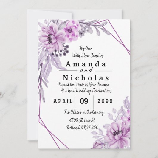 Carte Fleurs d'aquarelle violette avec typographie (Devant)