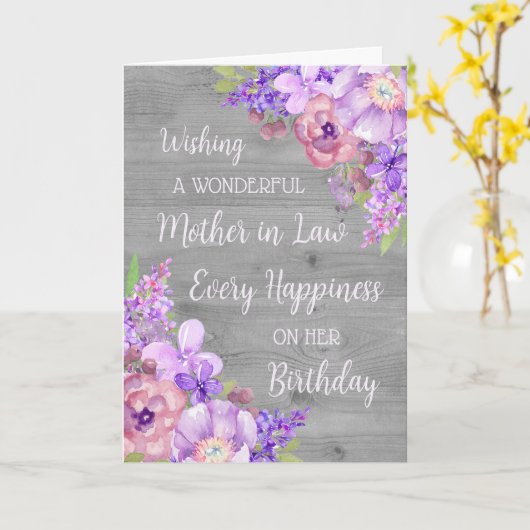 Carte Fleurs d'aquarelle violette Mère en droit (Fleur jaune)