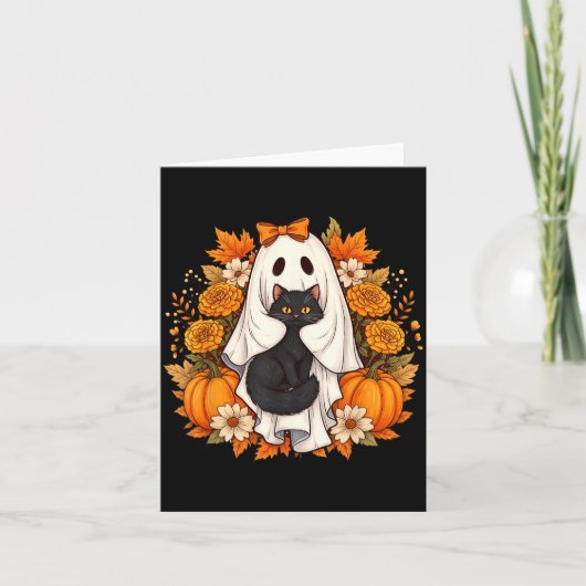 Carte Fleurs de chat noir fantôme d'Halloween (Devant)