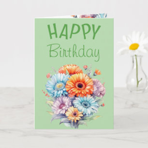 Carte Fleurs de gerbera joyeux anniversaire vierge vert