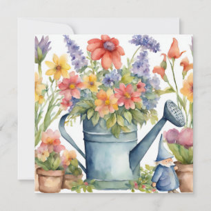Carte Fleurs de jardin et arrosoir aquarelle 