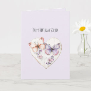 Carte Fleurs de lavande rose cœur papillons anniversaire