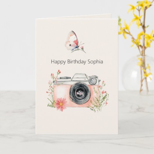 Carte Fleurs de pêche rose caméra anniversaire (Fleur jaune)
