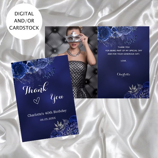 Carte Fleurs de photo bleu marine anniversaire merci