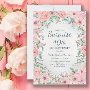 Carte Fleurs de roses aquarelles roses perles 40e annive