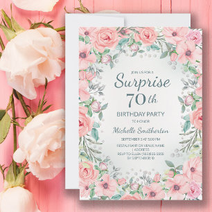 Carte Fleurs de roses aquarelles roses perles 70e annive