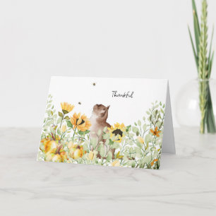 Carte Fleurs de soleil aquarelle et Thanksgiving de chat
