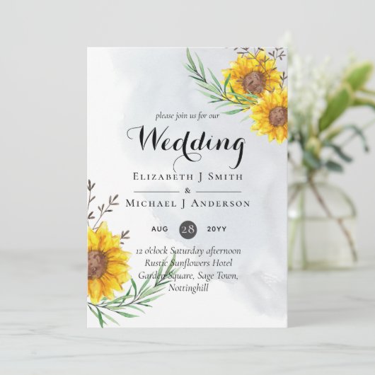 Carte Fleurs de soleil rustiques Olive Feuilles mariage  (Debout devant)