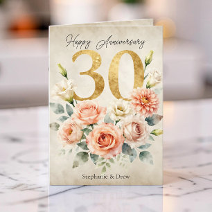 Carte Fleurs de teint rose ancien aquarelle 30e annivers