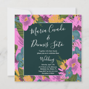 Carte Fleurs dessinées à la main Mariage vert rose gras