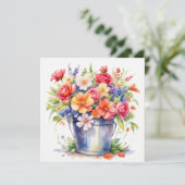 Carte Fleurs d'été de jardin à l'aquarelle dans un seau  (Debout devant)