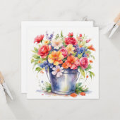 Carte Fleurs d'été de jardin à l'aquarelle dans un seau  (Devant/Arrière en situation)