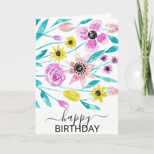 Carte Fleurs d'été Feuilles Aquarelle Joyeux anniversair (Devant)