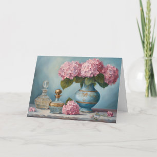 Carte Fleurs d'hortensia rose et flacons de parfum vinta