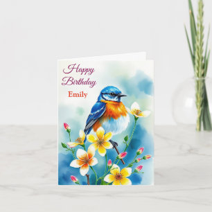 Carte Fleurs d'oiseaux bleues personnalisées Aquarelle a