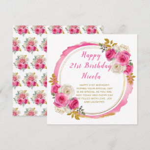 Carte Fleurs élégantes rose chaud et or pour fête d'anni