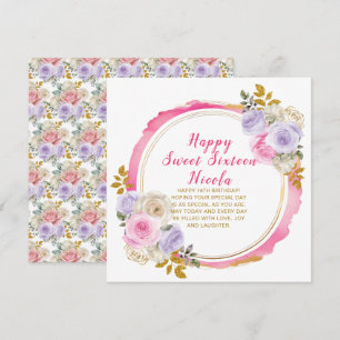 Carte Fleurs élégantes rose et violet Sweet sixteen