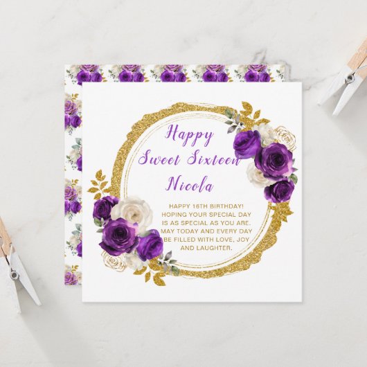 Carte Fleurs élégantes violettes foncées et dorées Sweet (Devant/Arrière en situation)