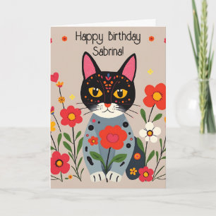 Carte Fleurs et chats d'art populaire Anniversaire perso