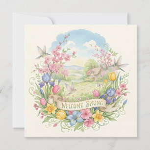 Carte Fleurs et colibris aquarelle Bienvenue Printemps