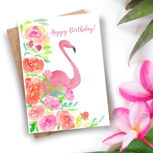 Carte Fleurs et Flamant rose de joyeux anniversaire