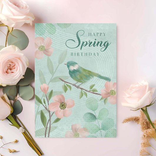 Carte Fleurs et oiseau de printemps d'anniversaire