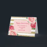 Carte Fleurs Fille et Fils en Droit Anniversaire Mariage<br><div class="desc">Bonne carte d'anniversaire mariage pour fille et gendre avec de jolies fleurs d'aquarelle rose,  des rayures d'or et des vers feutrés.</div>
