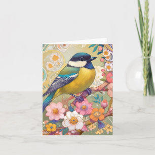 Carte Fleurs florales colorées d'Oiseau de Chickadee Gre