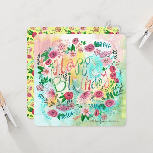 Carte Fleurs florales de printemps botaniques jaunes et  (Devant/Arrière en situation)