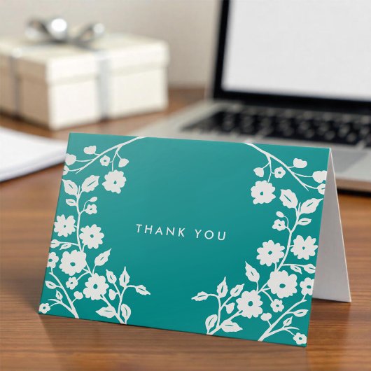 Carte Fleurs folk blanches Turquoise Merci bleu personna