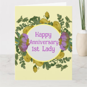 Carte Fleurs jaunes et violets 1er anniversaire de dame