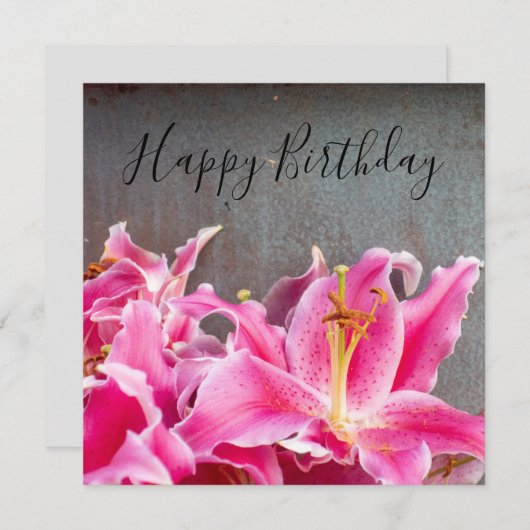 Carte Fleurs Lily rose sur arrière - plan rustique Anniv (Devant / Derrière)