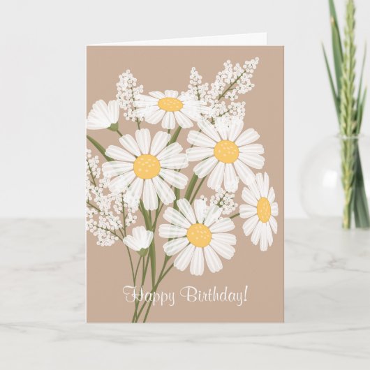 Carte Fleurs marguerites blanches sur beige Joyeux anniv (Devant)