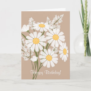 Carte Fleurs marguerites blanches sur beige Joyeux anniv
