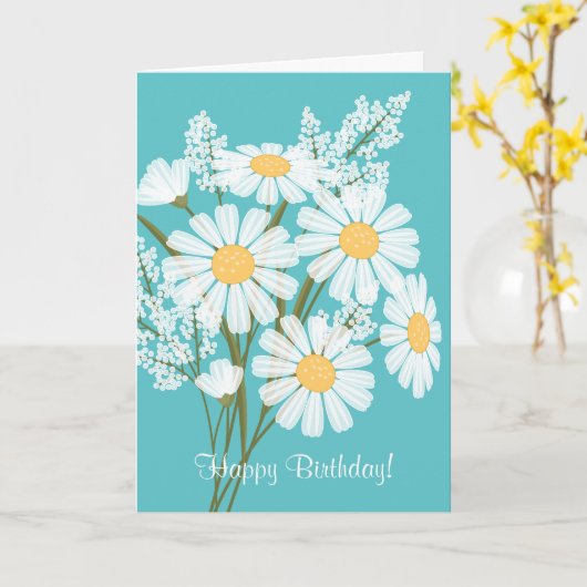 Carte Fleurs marguerites blanches sur Turquoise Joyeux a (Fleur jaune)
