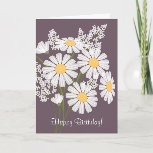 Carte Fleurs marguerites blanches sur violet Joyeux anni (Devant)