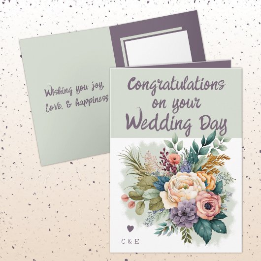Carte Fleurs mariage Félicitations vert violet