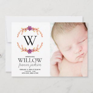 Carte Fleurs Monogramme Photo Naissance Fille Personnali