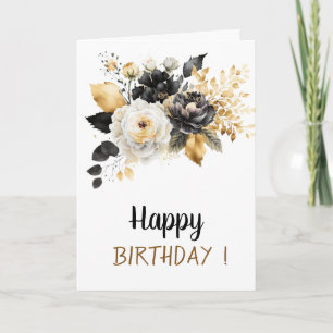 Carte Fleurs Noires Blanches Dorées Anniversaire