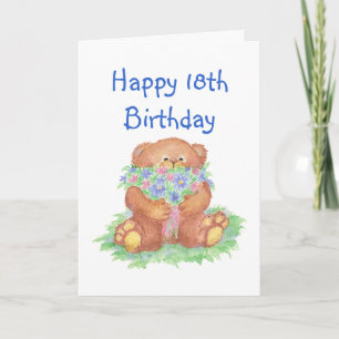 Carte Fleurs pour 18e anniversaire, ours en peluche
