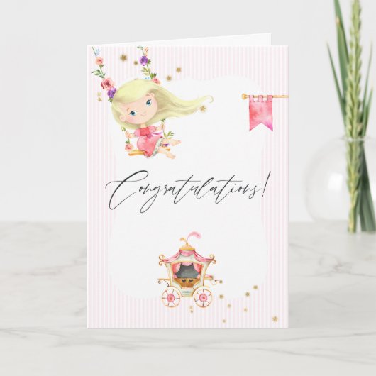 Carte Fleurs rose blush et princesse pailletée et feuill (Devant)