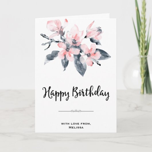 Carte Fleurs rose et gris Aquarelle classique Anniversai (Devant)