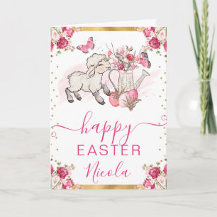 Carte Fleurs roses à l'aquarelle Agneau Joyeuses Pâques