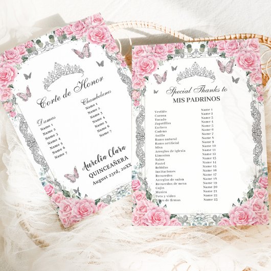Carte Fleurs Roses Argentée pour la Quinceañera de