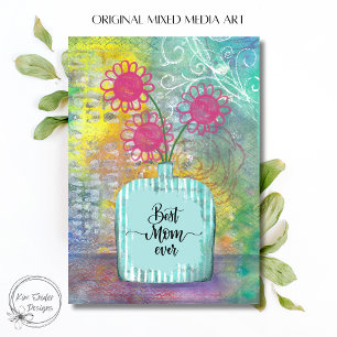 Carte Fleurs roses colorées dans un vase Meilleure maman