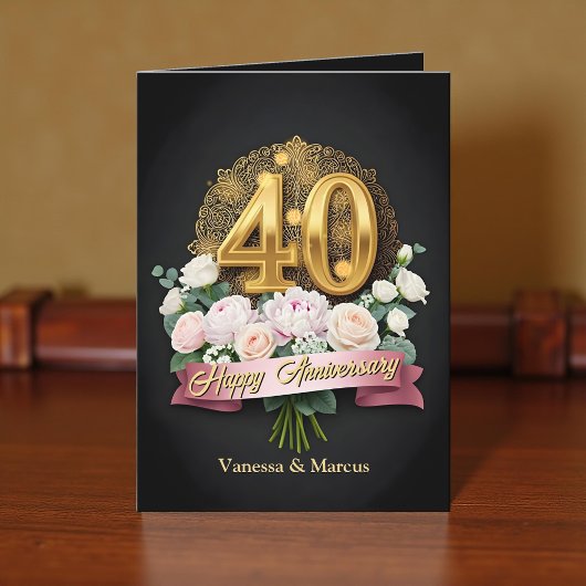 Carte Fleurs roses douces et or 40e anniversaire de Mari