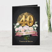 Carte Fleurs roses douces et or 40e anniversaire de Mari (Devant)