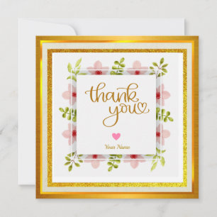 Carte Fleurs roses élégantes, floraison dorée et Merci
