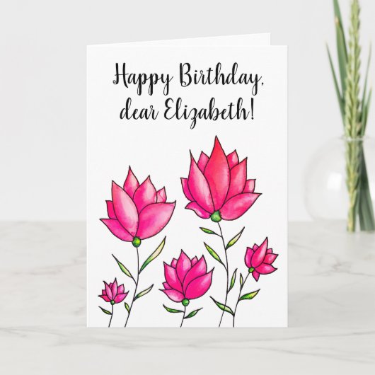 Carte Fleurs roses Encre Aquarelle Joyeux Anniversaire N (Devant)