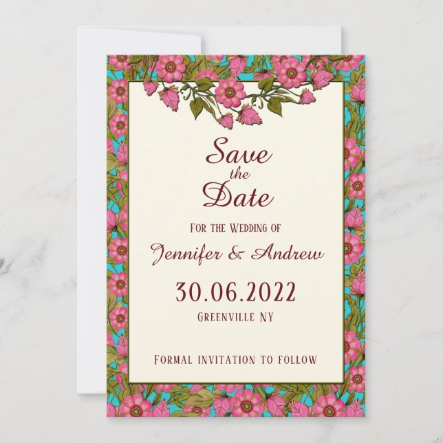 Carte Fleurs roses Enregistrer la date (Devant)